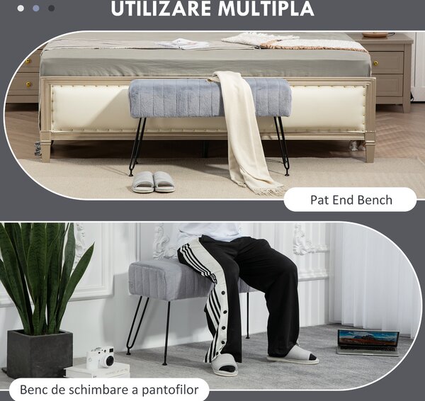 HOMCOM Bancă de Pat Tapițată cu Piele Ecologică și Lemn, Bancă de Intrare cu Picioare Metalice, 82x30x47 cm, Gri | Aosom Romania