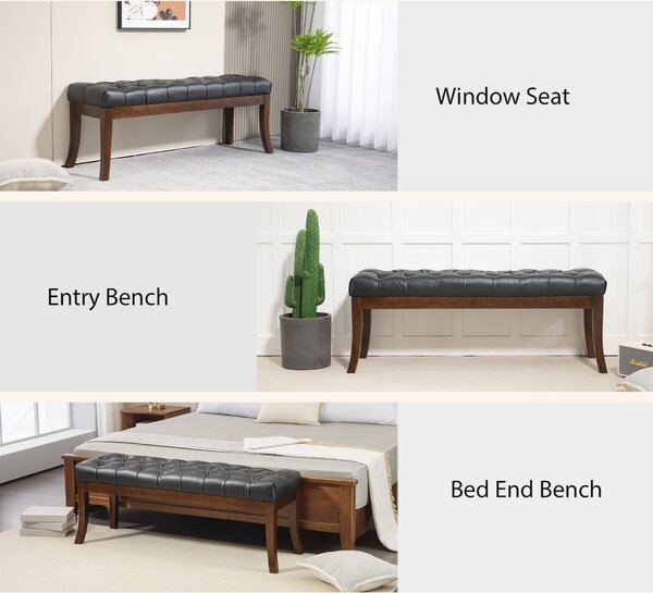 HOMCOM Bancă otomană cu Smocuri, Capăt de Pat din Piele Artificială cu Picioare din Lemn și Scaun Căptușit, 120x38x46 cm, Negru