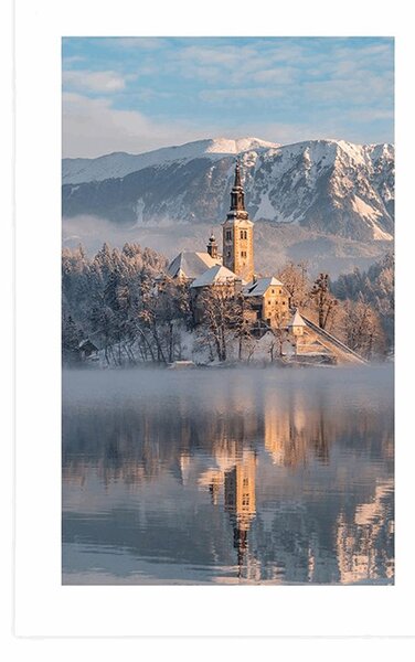 Poster cu passepartout biserică lângă lacul Bled din Slovenia