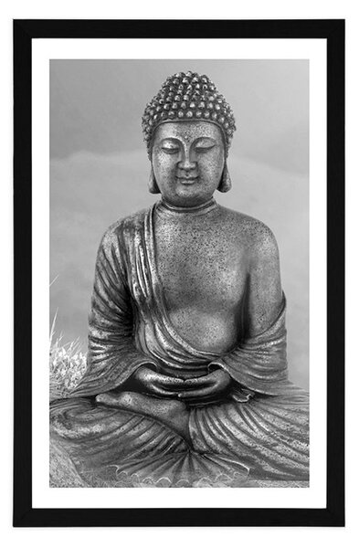 Poster cu passepartout statuie lui Buddha în poziție de meditație în design alb-negru