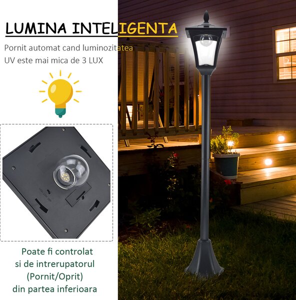 Outsunny Lanternă Solară pentru Grădină, Felinar LED cu Panouri Solare, Design Modern, 18x18x160 cm, Negru | Aosom Romania