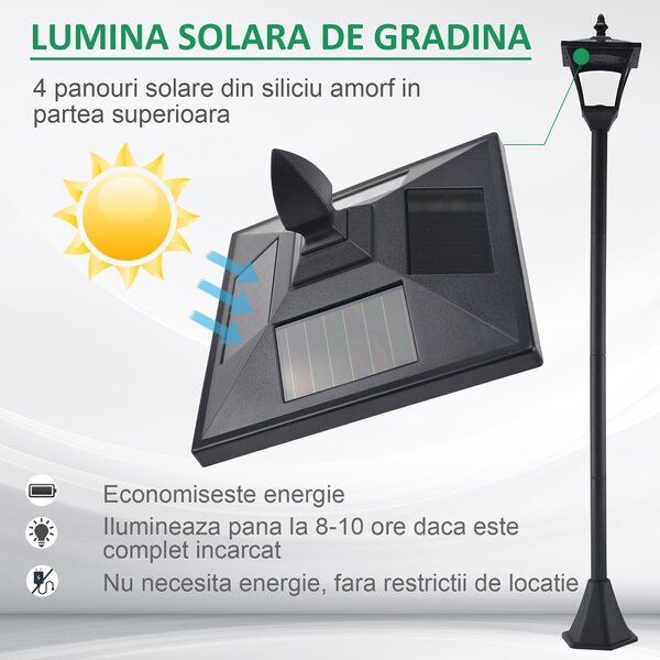 Outsunny Lanternă Solară pentru Grădină, Felinar LED cu Panouri Solare, Design Modern, 18x18x160 cm, Negru | Aosom Romania