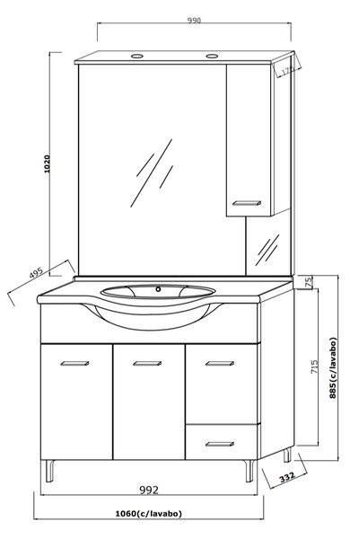 Mobilier Baie, Cu Picioare, 105 Cm, Cu Lavoar și Dulăpior Cu Oglindă, Stejar Gri | Rimini