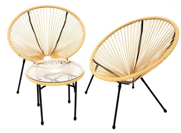 Set mobilier terasa / gradina, Acapulco, 2 fotolii si masa, metal si ratan artificial, natur